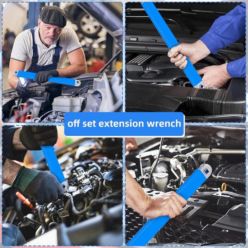 Universal Offset Extension Wrench, 15" Socket Wrench Tool, Upgraded Impact Ready Extension Wrench Set with 4pcs 1/2", 1/4" and 3/8" Square Drive Adapters, Heavy Duty Extensions Wrench for Hard-to-reach Narrow Space