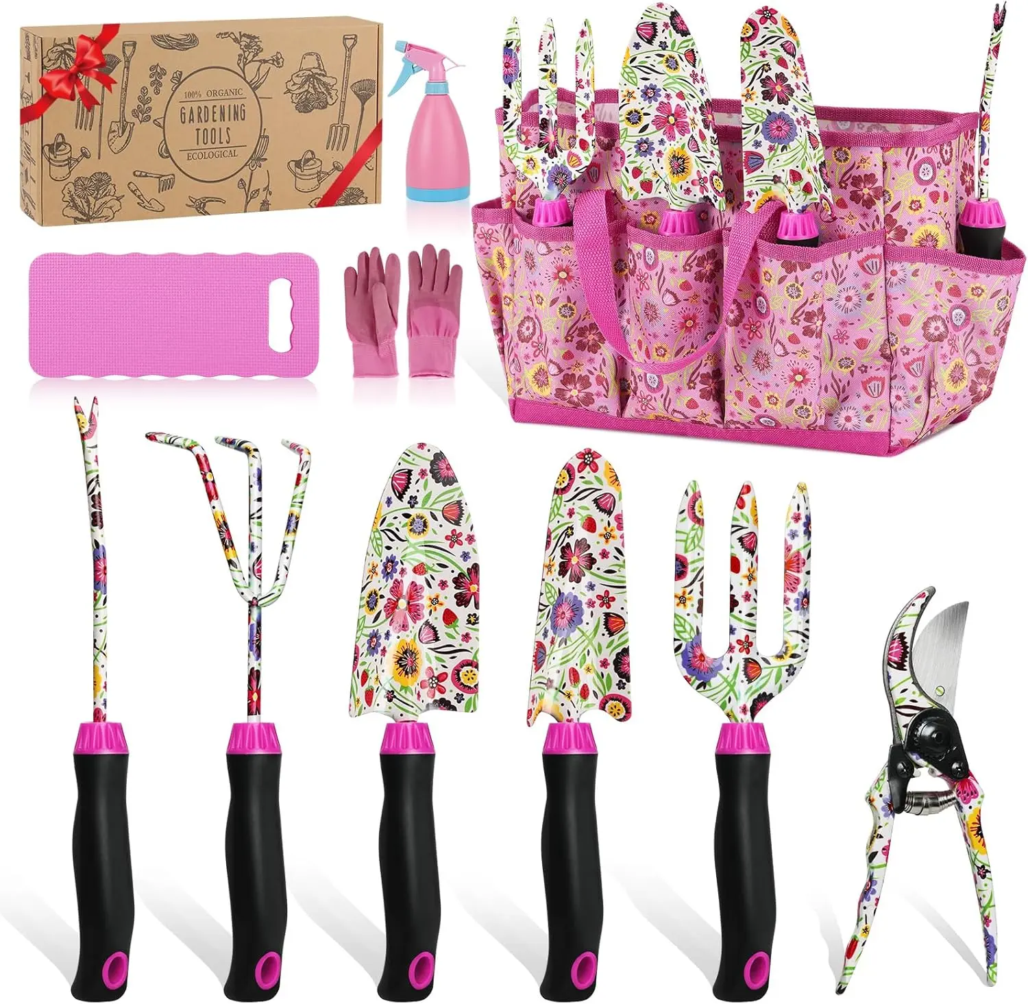 Housolution Gardening Tools Set, 10 PCS Stainless Steel Heavy-Duty with Non-slip Soft Rubber Handle with Large Garden Bag, Floral Pattern Gardening Tool Set Gifts for Women Birthday Mother's Day, Pink