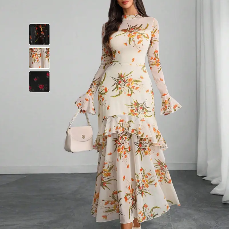 2026 Hot Selling New Women's Mesh Lantern Sleeve Layered Ruffle Gothic  Romantic Casual Long Dress, Floral Print, Suitable for Parties, Festivals,  Wedding Guests, All Seasons Fashionable Women's Wear, Elegant Dress,  Wedding Prom
