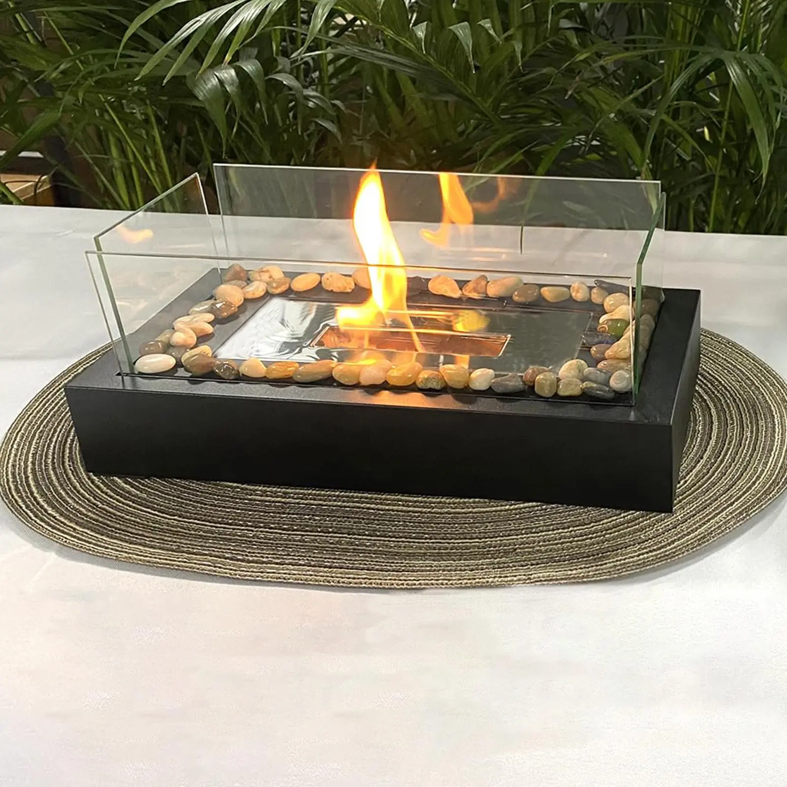 Portable Tabletop Fire Pit with 4-Sided Glass Wind Guard, Indoor and Outdoor Ethanol Fire Pit for Home, Patio and Balcony