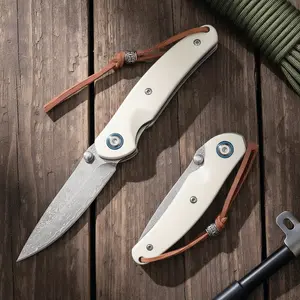 Damascus Steel Folding Pocket Knife - Sharp Drop Point Blade, Ergonomic Resin-Steel Handle, 60HRC Hardness Compact EDC Tool, Durable for Outdoor Camping Hiking Fishing, Ideal Gift for EDC Lovers