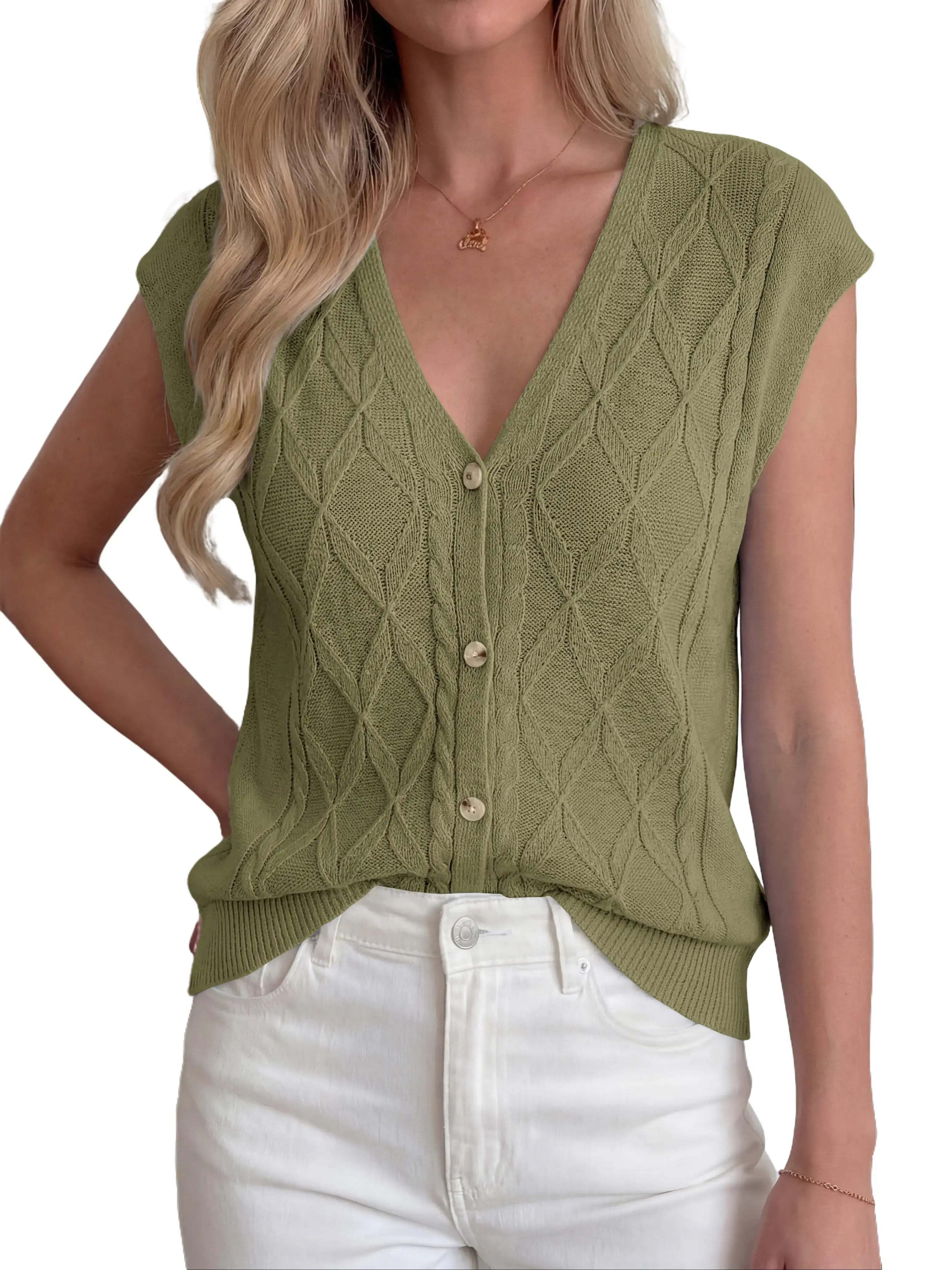 BTFBM Sweater Vest Women V Neck Cap Sleeve Button Down Knit Tops Spring Summer 2026 Loose Lightweight Cardigan Vests #Clearance