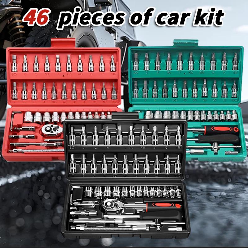 46Pcs Tool Set, Car Repair Machinery Tools, Household Machinery Tools, Car and Bicycle Repair Tools, 1/2 * 1/4 "3/8" Drive Depth and Standard Socket, Ratchet Torque Wrench Screwdriver Socket Combination Tool,Gift for Dad