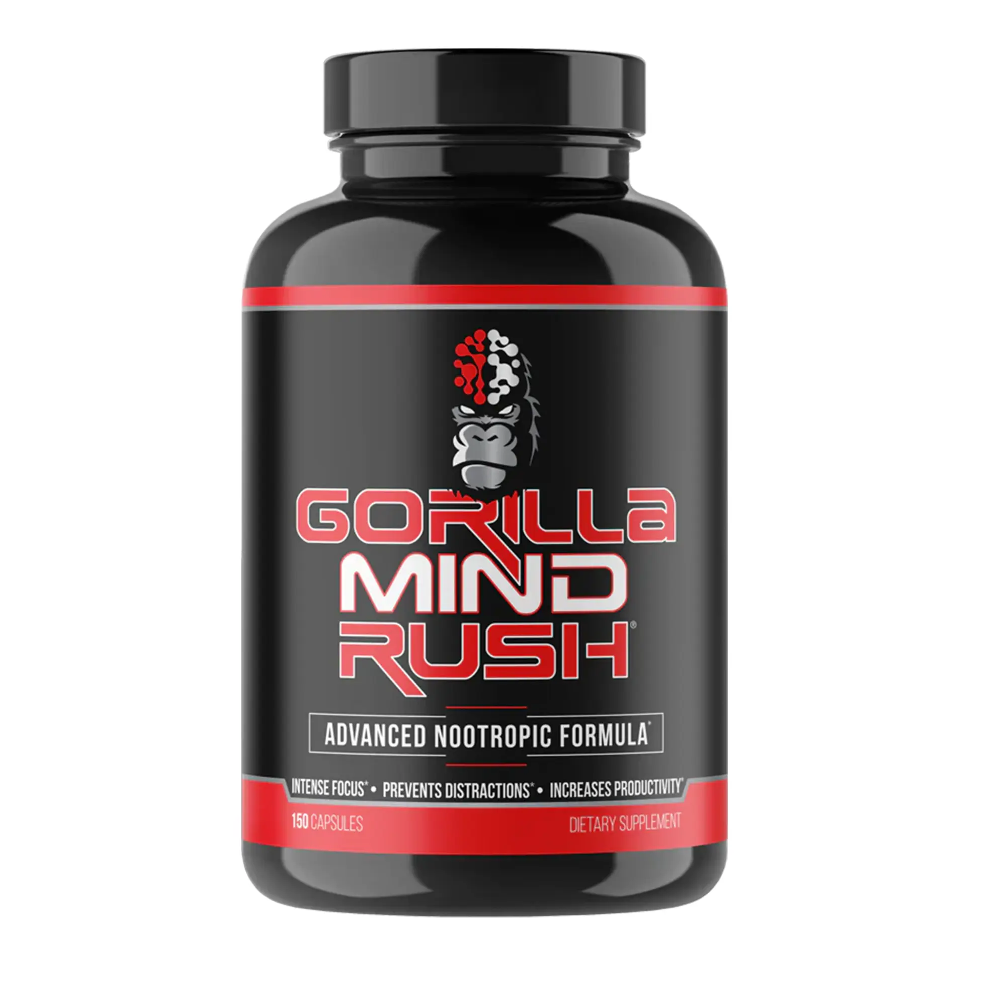 Gorilla Mind Rush Advanced High Potency Edible Dietary Nootropic Supplement for Adults - Energy Nutrition Pre-Workout, Focus Support, Fitness Use - 150 Capsules (30 Servings), Sugar Free, High Potency Supplement
