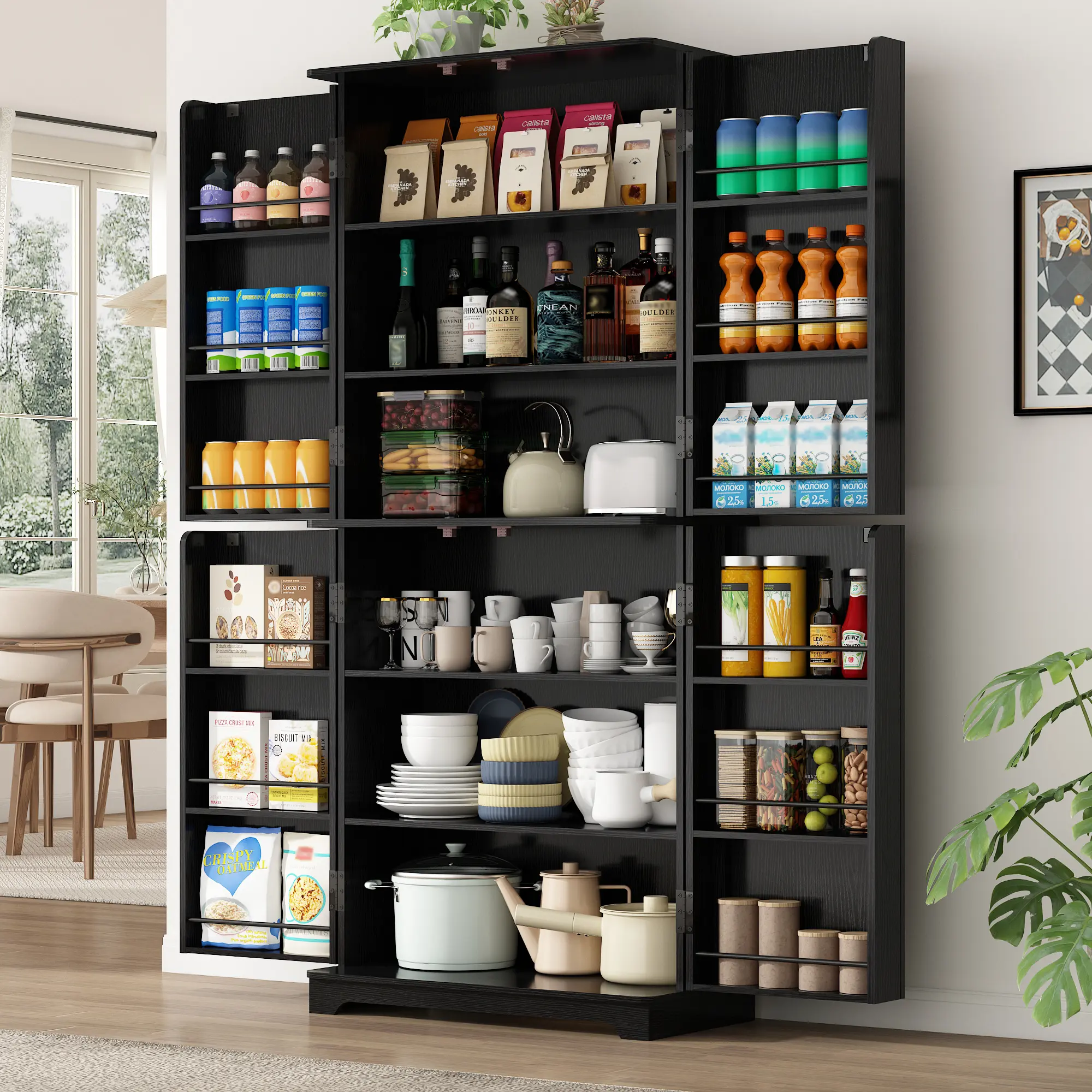 72in Tall Freestanding Modern Storage Cupboard Furniture - 4 Doors, Adjustable Shelves, Multi-Layer Organizer Storage Cabinet for Kitchen, Dining Room, Floor Cupboard, Furniture Storage