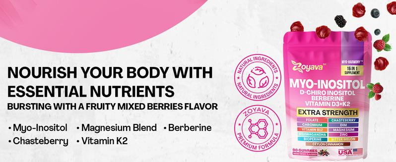 Zoyava Myo-Inositol Gummies - Women's Hormones & Cycle Support Dietary Supplement - with D-Chiro Inositol, Berberine & More - 90 Edible Gummies - (Mixed Berry Flavored) Zoyava Myo-Inositol Gummies - Women's Hormones & Cycle Support Dietary Supplement - with D-Chiro Inositol, Berberine & More - 90 Edible Gummies - (Mixed Berry Flavored)