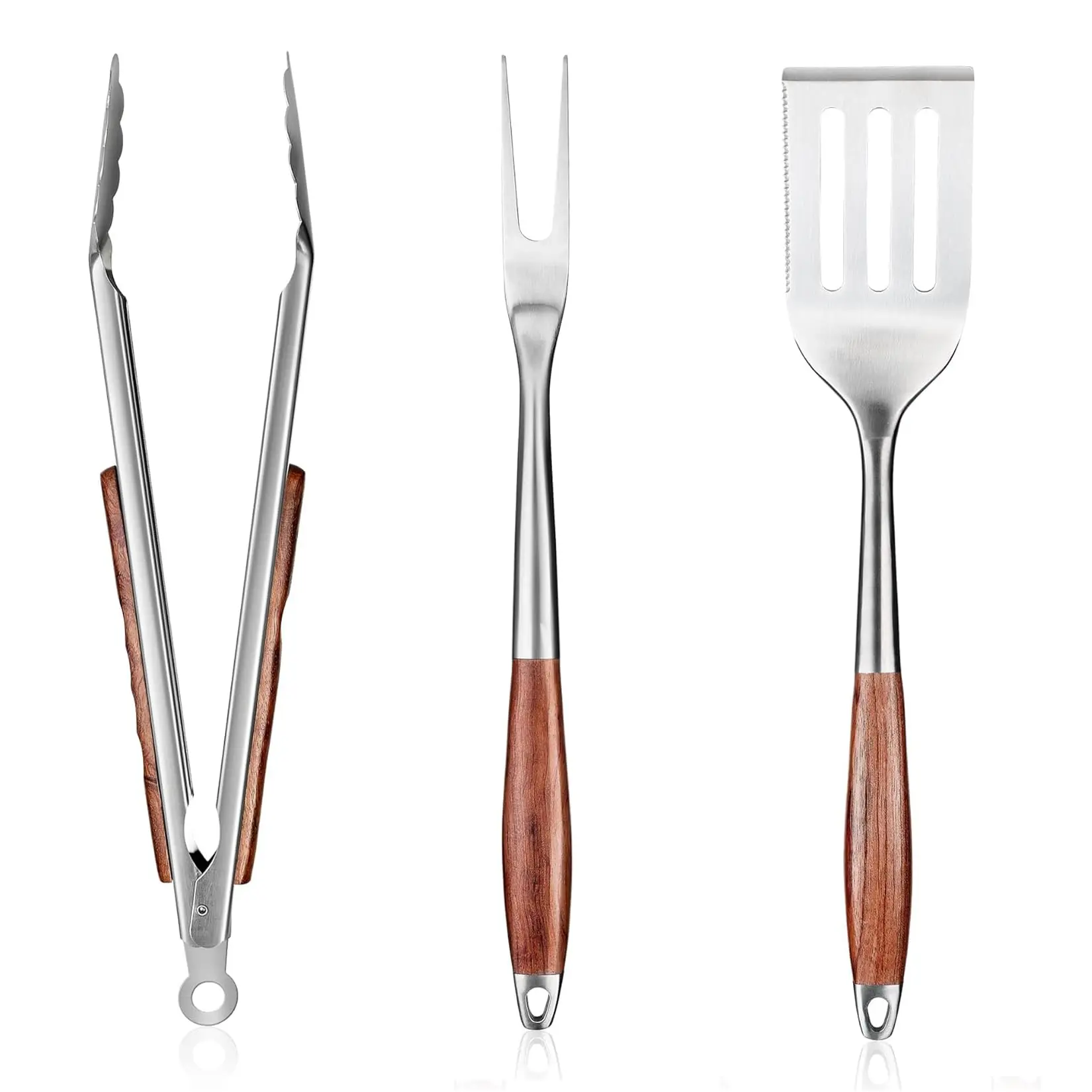 GAOMON Heavy Duty Stainless Steel BBQ Tools Set - 3-Piece Grilling Utensils with Rosewood Handles - Includes Spatula, Fork, Locking Tongs - Heat Resistant, Non-Slip - Outdoor Grilling, Camping