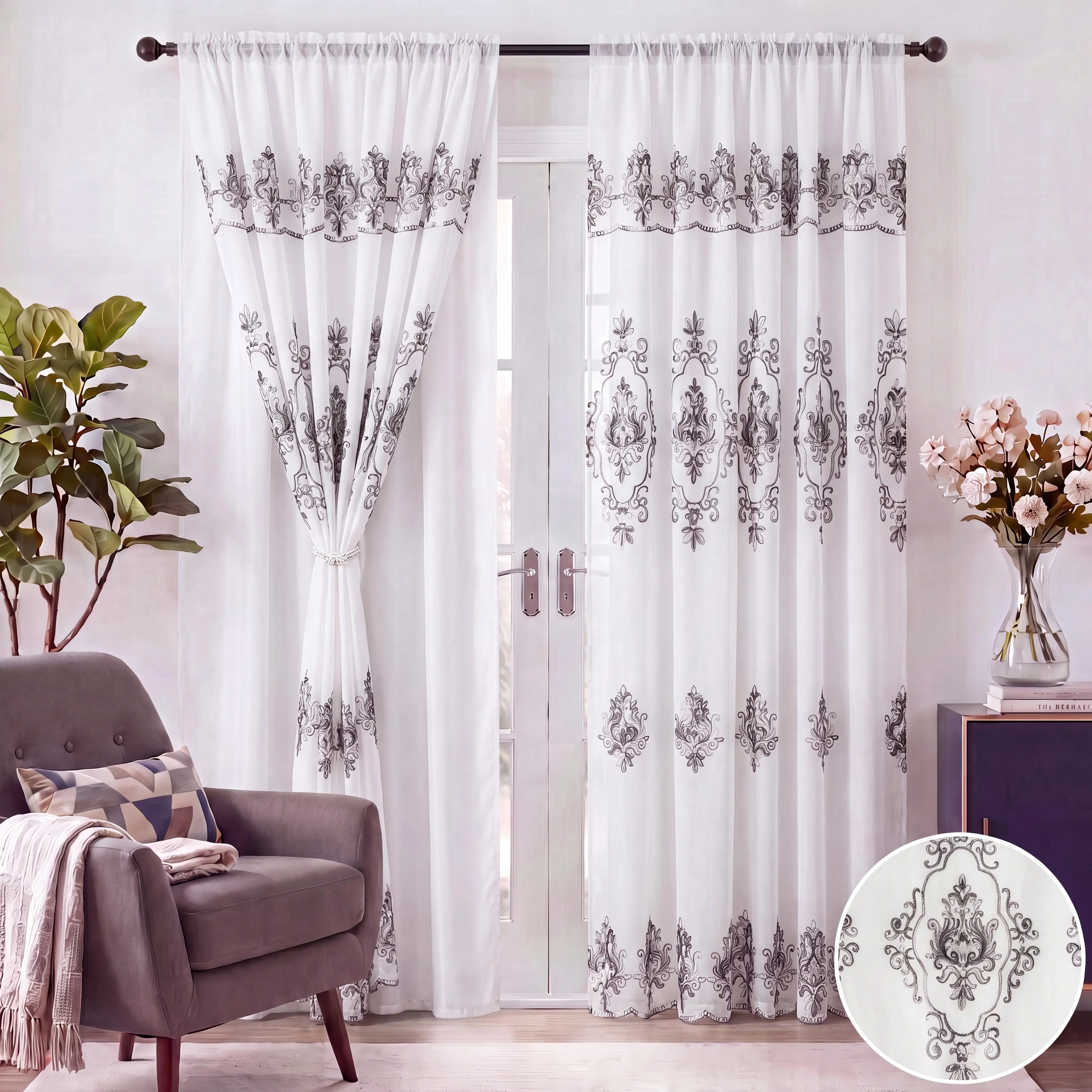 2-Panel Damask Embroidery Blackout Curtain Set, 52x84 in Double Layer with Waterfall Valance & Rod Pocket, Low Iron House Decor Textile Accessory for Living Room, Bedrooms, Home Use QF01