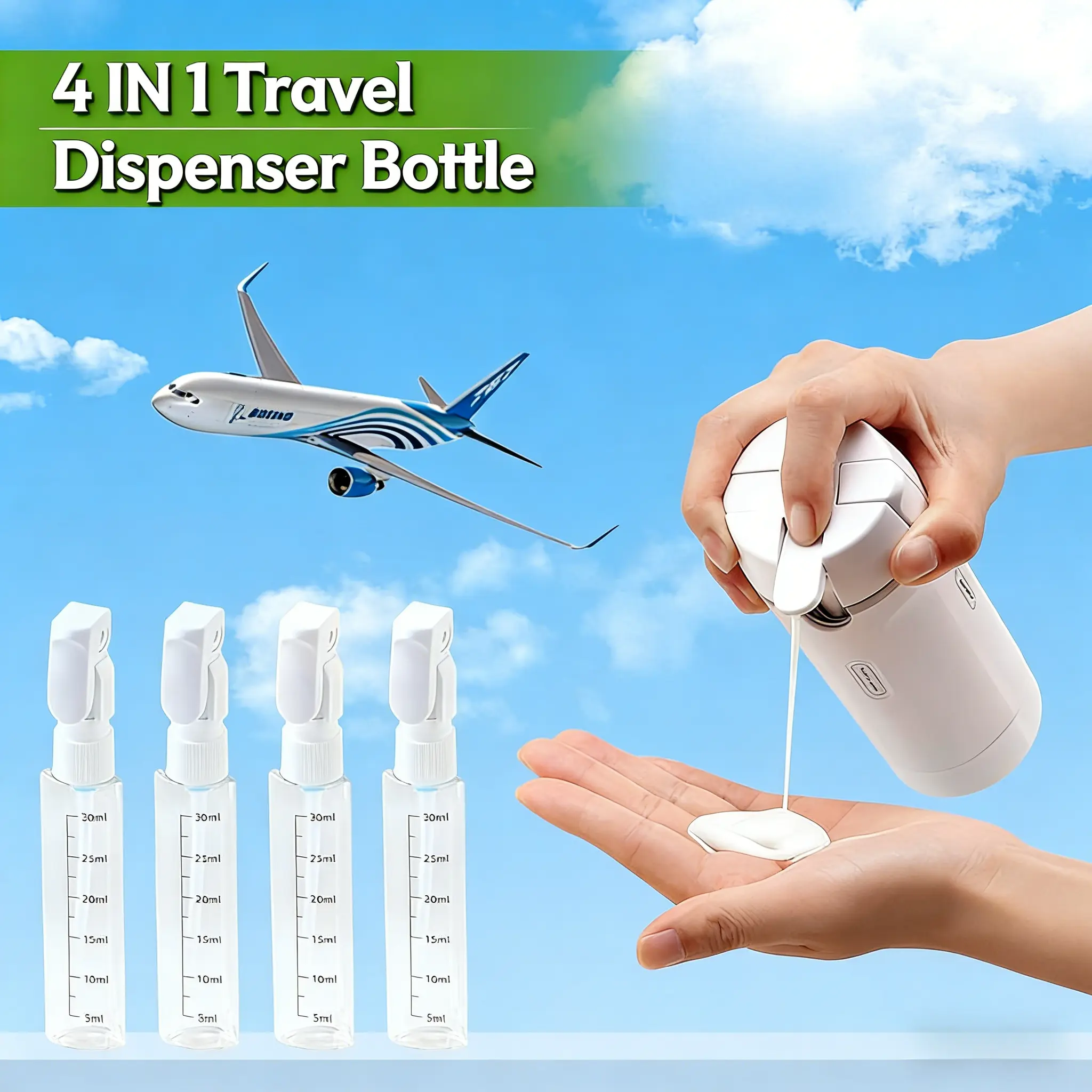4-in-1 Travel Toiletries Bottle, Press Pump Design, Sealed Leak-Proof, Compression-Resistant, Compact Size for Flying (Holds 4 Types of cosmetics )