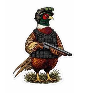 Tactical Pheasant Sticker for Laptop, Gun Case, Truck & Coolers, Armored Hunting Bird Decal with Night-Vision Helmet & Shotgun, Durable Waterproof Vinyl