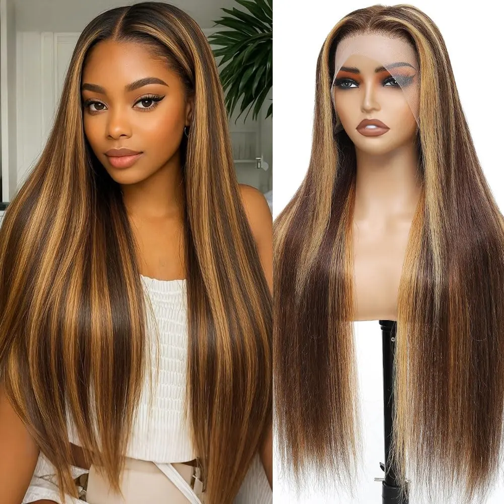 4/27 Ombre Lace Front Wig 180 Density Real Virgin Hair 36 Inch Highlight Straight Wigs Human Hair Pre Plucked Honey Blonde Wig Human Hair 13x6 HD Lace Frontal Wig