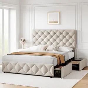 Full Size Bed Frame with 4 Storage Drawers and Headboard, Beige Linen Upholstered Platform Bed Frame with Wooden Slats Support, Diamond Stitched Button Tufted, No Box Spring Needed
