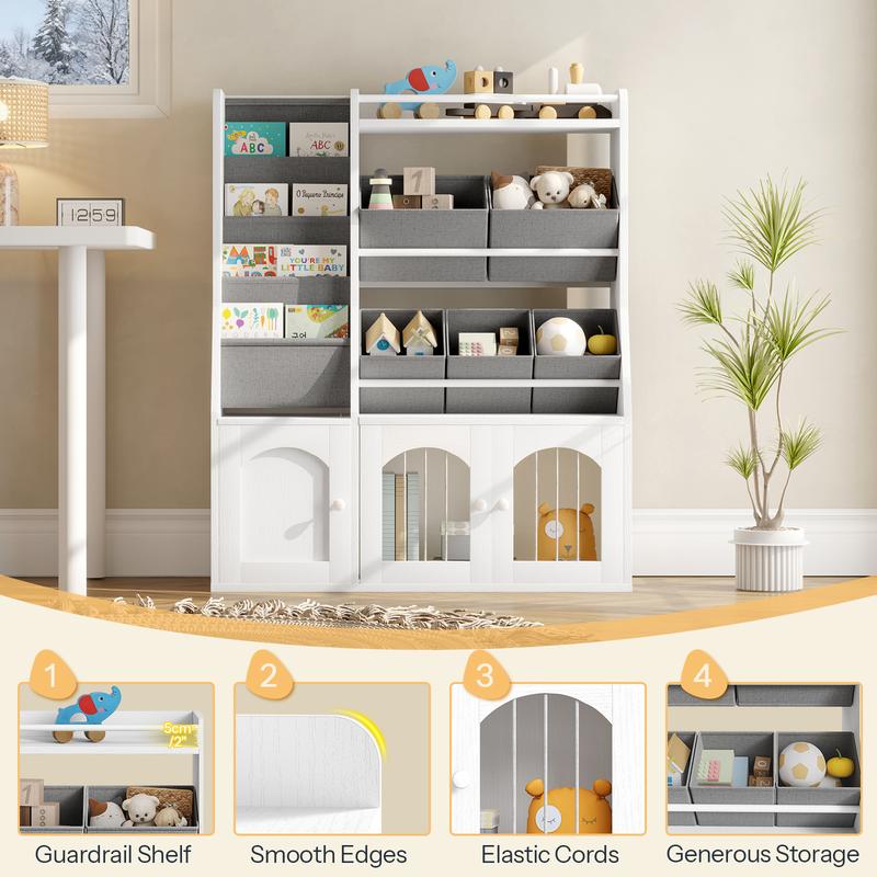 HOOBRO Kids Toy Organizer with 5 Fabric Bins and 5-Tier Hanging Rack, Toy Storage with Elastic Doors and Guardrail, Bookshelf for Playroom, Nursery, Classroom, White and Gray
