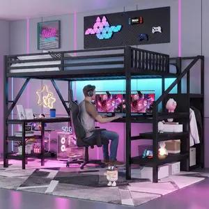 Queen Size Gaming Loft Bed Frame with Desk & Stairs, Metal Queen Loft Bed with Storage Shelves, Charging Station & LED Light, Gaming Loft Beds with Wardrobe for Teens Adults, Black