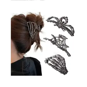 3PCS Black Spider Web Skeleton Hand Skull Hair Claw Clips for Women And Girls, Hiphop Metal Large Medium Size for Thick Thin Hair, Headband Barrette for styling Hair Accessories Party Gift (Black Gun), Hair Clip Set