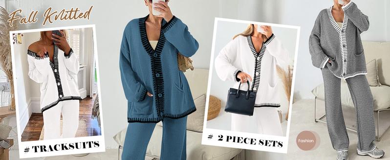 PrettyGarden Women's 2 Piece Set Winter Knit Outfits Matching Loungewear Long Sleeve V Neck Cardigan Sweaters Wide Leg Pants Tracksuits