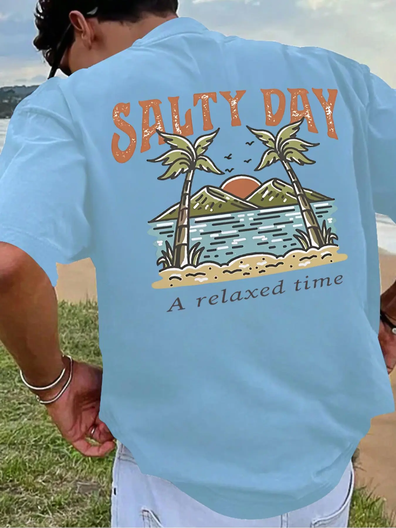 Men's Regular Fit Beach Scenery Print Round Neck Tee, Casual Comfy Short Sleeve T-shirt for Summer, Men's Top for Daily Wear, Tropical, Casual Stylish Tee, Casual Tee Tops, Casual Summer Clothes