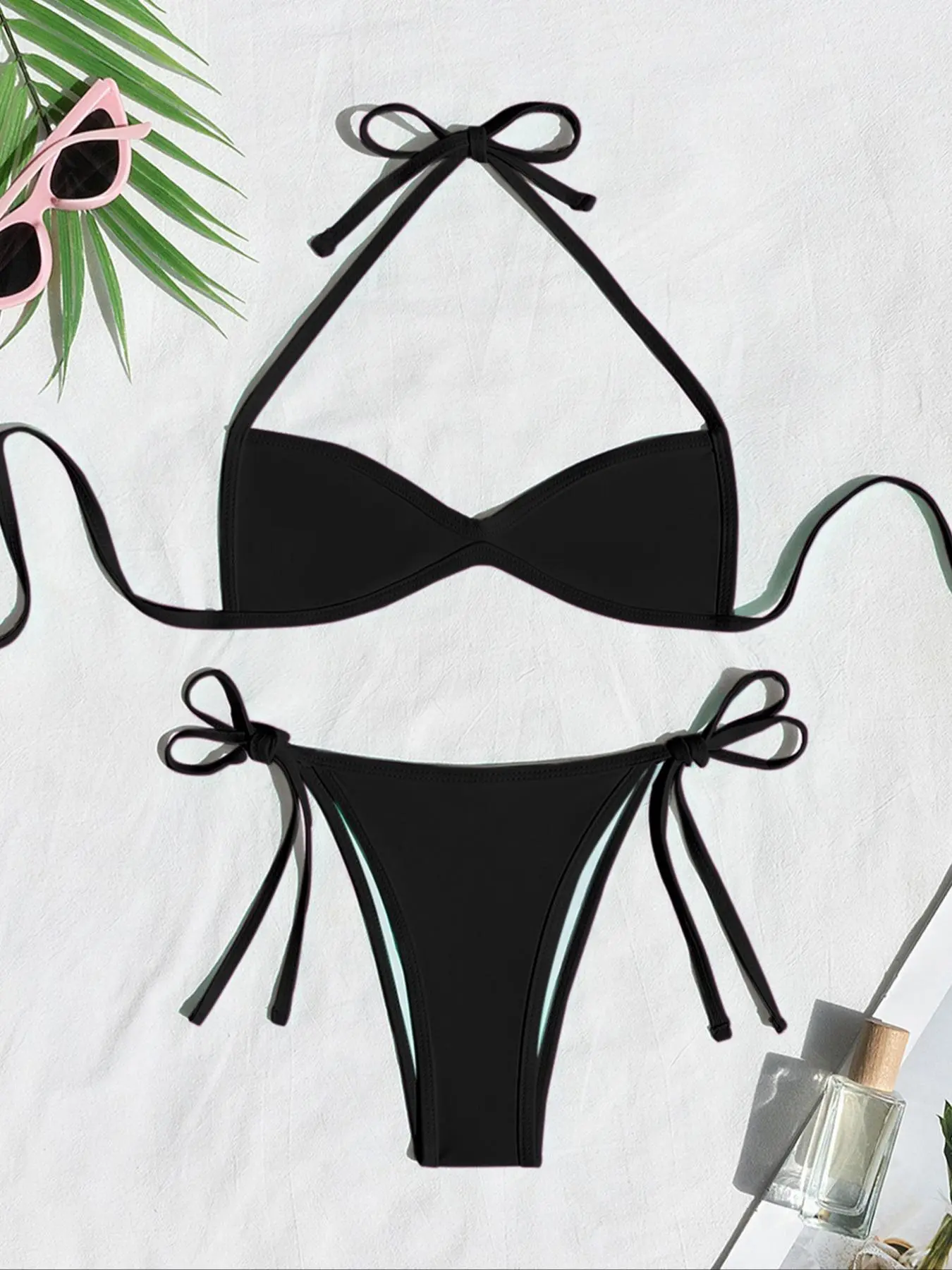 Two-piece Set Women's Plain / Colorblock  Bikinis for Summer, Halter Tie Back Bikini Top & Tie Side High Cut Bikini Bottom, Ladies Summer Swimwear for Beach Holiday Vacation