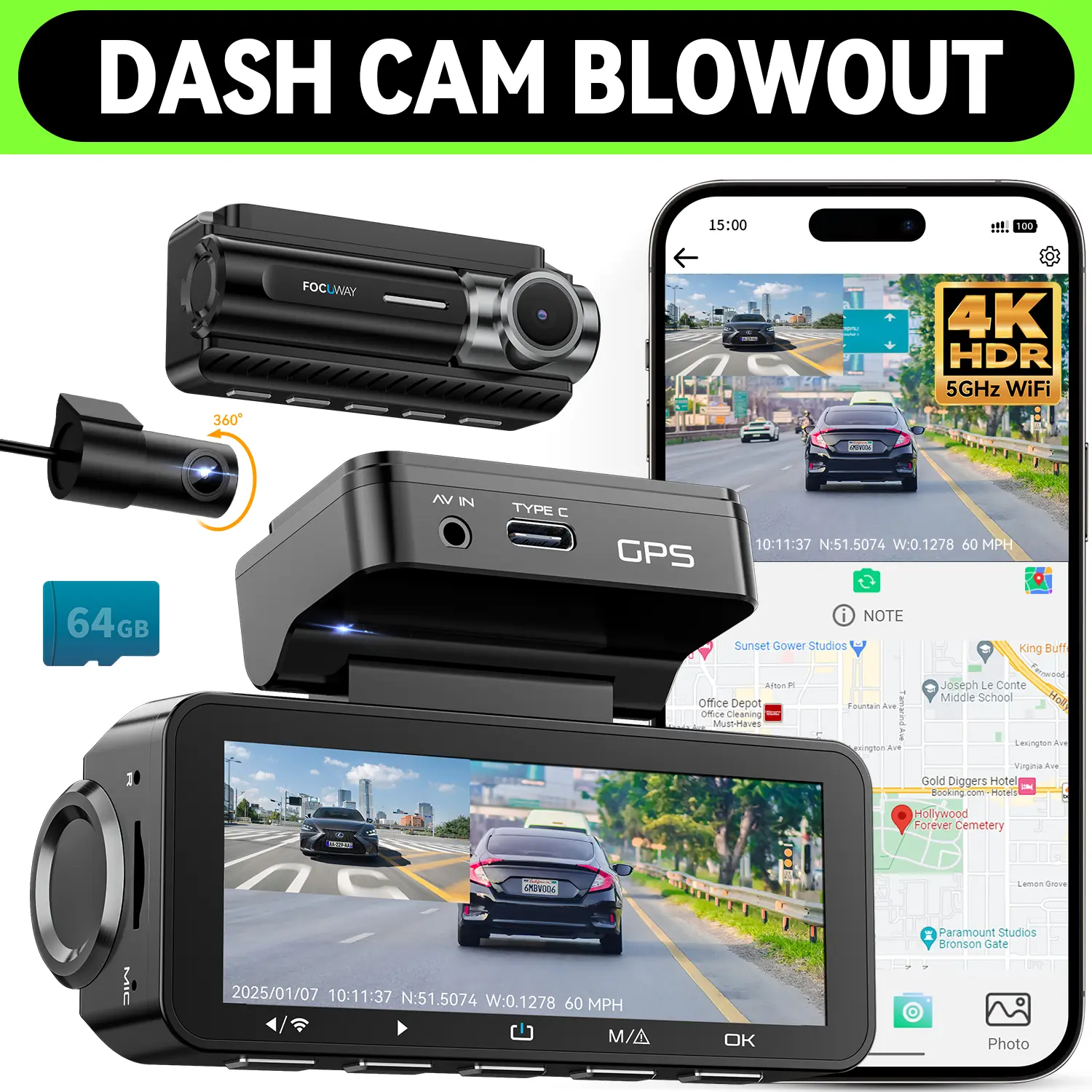 【BLOWOUT】FocuWay D2 Duo Dash Cam Front and Rear | True 4K Front + 1080P Rear | Free 64GB Card | Touch Screen, Voice Control, GPS & WiFi, HDR Night Vision, 160° Wide Angle, 24H Parking Mode
