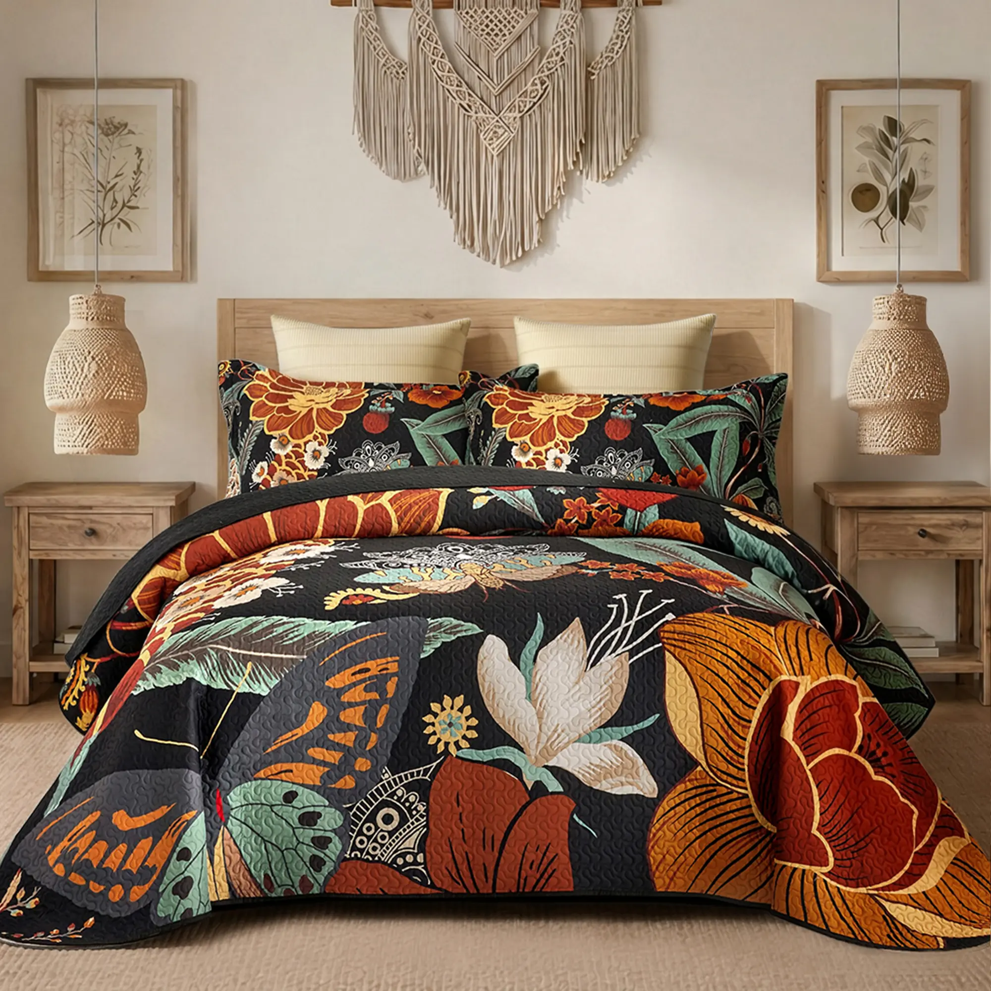 Tyrot Bohemian 3-Piece Quilt Bedding Set with 2 Shams - Botanical Comforter Coverlet  Soft Breathable Lightweight All-Season Black Bedspread Cozy Autumn Fall Room Decor,sohochic