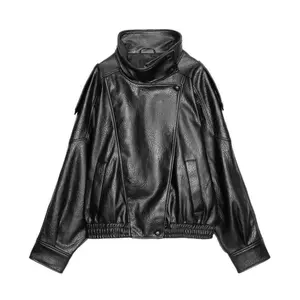 Women's Retro Motorcycle Leather Jacket - Stand Collar Black | Open Front | Fall Casual
