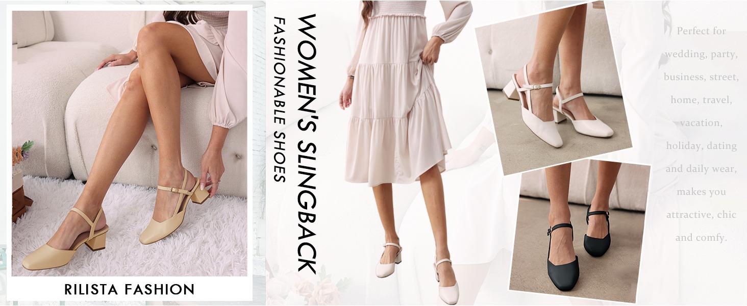Fashare Women's Slingback Chunky Low Heels Closed Square Toe Heel Wedding Party Dress Pumps Shoes