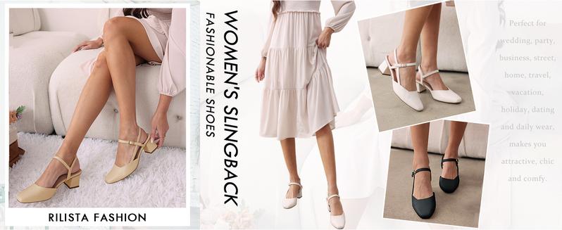 Fashare Women's Slingback Chunky Low Heels Closed Square Toe Heel Wedding Party Dress Pumps Shoes