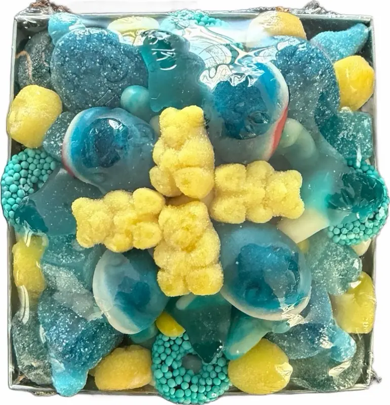 Sweet Creations Small custom color theme Gummy Explosion on Box - Assorted Shapes & Flavors for Celebrations Fruit Chewy Candy Snack.