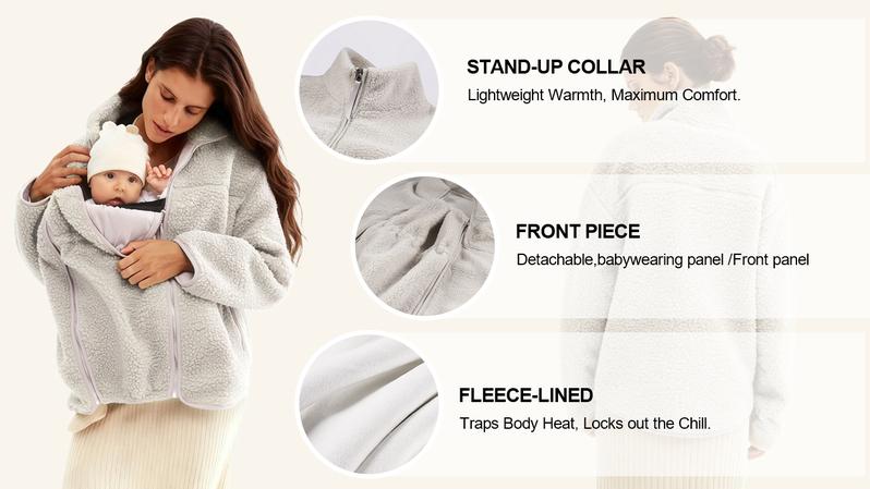 Pwest MAMA Women Before & After Babywearing Fleece Jacket Soft Teddy Fleece, Long-sleeve Zippered Jacket with Pocket, Detachable Babywearing Panel, Winter Warmth, 2 in 1 Design-Cream-BlackFriday