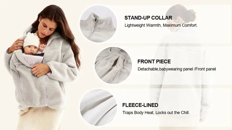 Pwest MAMA Women's 2-in-1 Hip-Length Casual Sports Outerwear Coat, Soft Teddy Fleece Long-Sleeve Zippered Top with Pocket, Detachable Babywearing Panel for Pregnancy-Postpartum Use, Winter Warmth - Cream