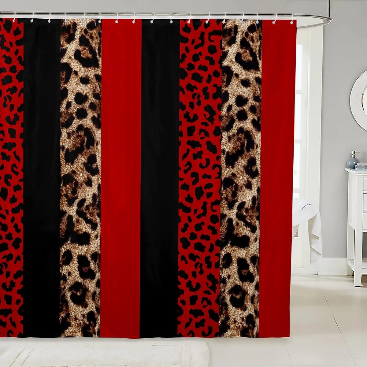 Leopard Print Shower Curtains,Cheetah Skin Fashion Bathroom Curtains Adults,Geometric Stripes Patchwork Red Black Brown Waterproof Curtains