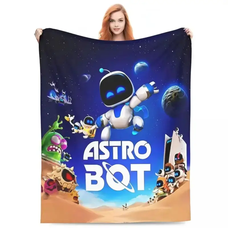 Astro Bot Flannel Blanket - Soft, Cozy, Wrinkle-Resistant, Stain-Resistant, Flat Weave, Geometric Space Adventure Pattern - Kids' Gift, Sci-Fi Home Decoration for Children & Adults