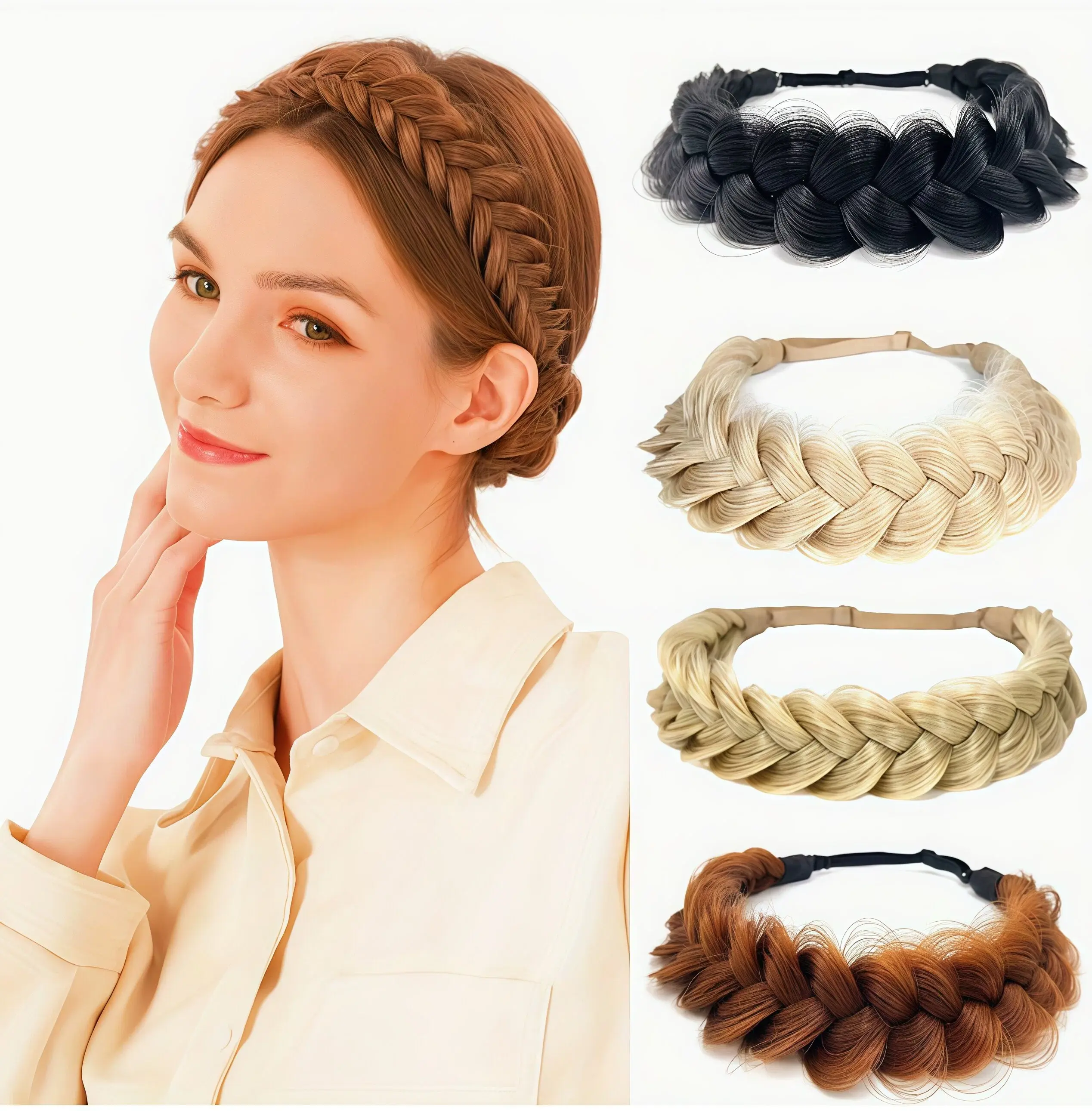Adjustable Elastic Thick Faux Hair Braided Headband for Women, Natural Fluffy Plaited Wig Hair Band, Multi Tone Realistic Chunky Braid Hair Hoop, Comfort Stretch No Slip Daily Makeup Outdoor Fashion Hair Accessory
