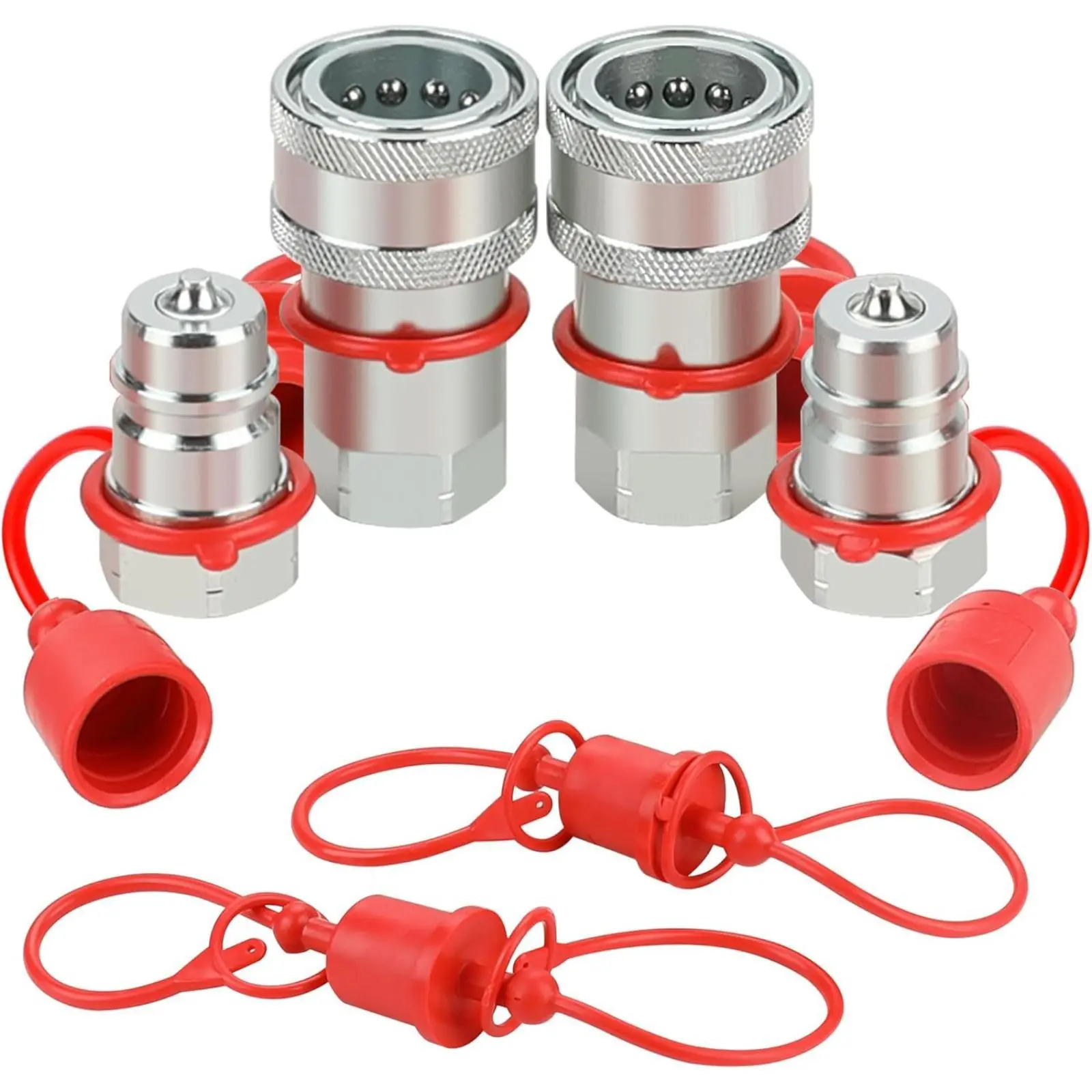 [2 Sets SummerVibes Hydraulic Quick Connect Coupler] 2 Sets of Ag ISO 5675 Poppet Pioneer Hydraulic Quick Connect Coupler with Dust Caps, 1/4'' - Durable Hydraulic Couplers for Easy Connection Easter