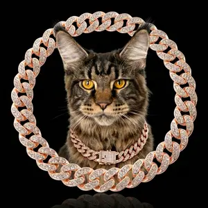 Rose Gold Diamond-Decorated Cuban-Style Dog & Cat Necklace, Adjustable Pet Collar for Small & Medium Dogs & CatsFashionable Pet Jewelry Accessories
