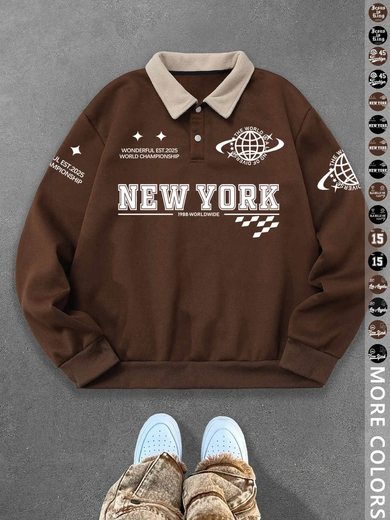Unisex Y2K Style New York Brooklyn Letter Print Polo Sweatshirt, Thick Vintage British Style Lamb Fleece Hoodie for Streetwear