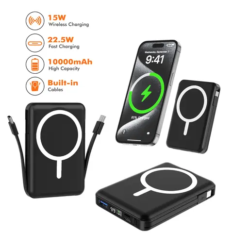 Podoru 10000mAh Magnetic Power Bank - Portable Charger for Phone, EDC Gear with Built-in Type-C, Lightning & USB-A Cables, Magnetic Wireless Charging, Smart Digital Display, Silicone Compatibility, Compact Backup, Manufacturer Warranty, Mobile