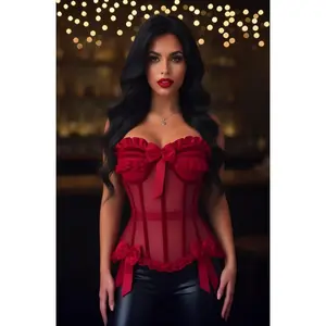 Top Drawer Steel Boned Dark Red Mesh & Velvet Underwire Bustier Corset