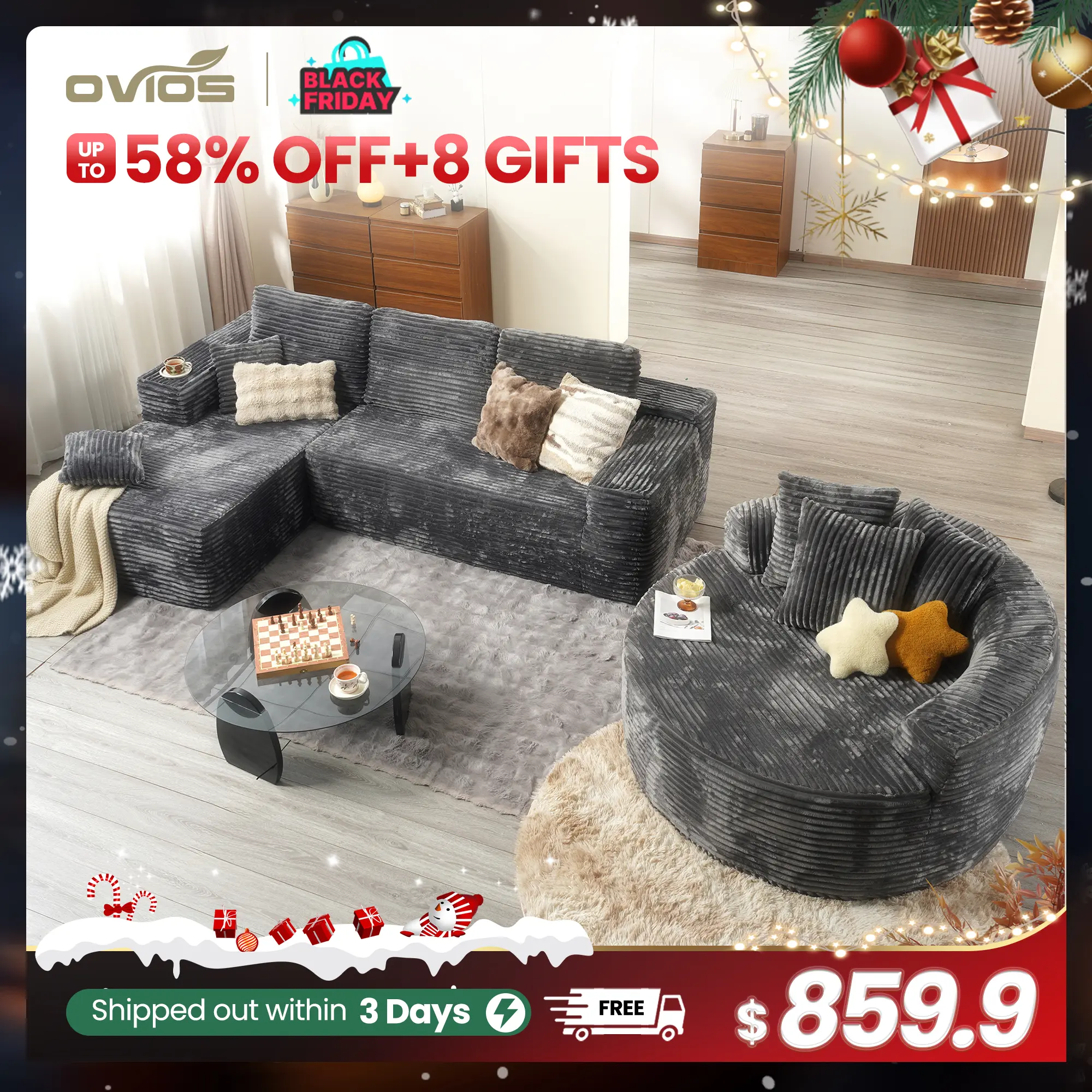 【3 Packages Shipping】Ovios 104" Modular Couch with Chaise and 59" W Oversized Round Sofa Bed - L-Shaped Sectional Sofa Set with Flexible Configuration, Plush Corduroy Cloud Velvet Fabric,No Assembly Required, 5 Seater