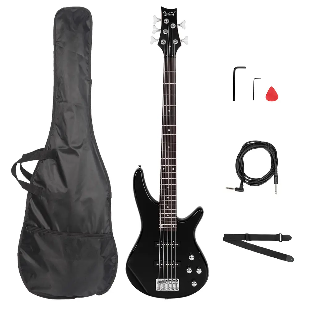 GIB Electric 5-String Bass Guitar - Synthetic, Maple, Right Hand, Adjustable Bridge, Chrome Fixed Parts, Full-Size Bag, Guitar Strap, Pick, Connector, Wrench Tool, Black, Outstanding Look and Sound, Durable for Beginners, Bass Musicians, Durability, 6.50L