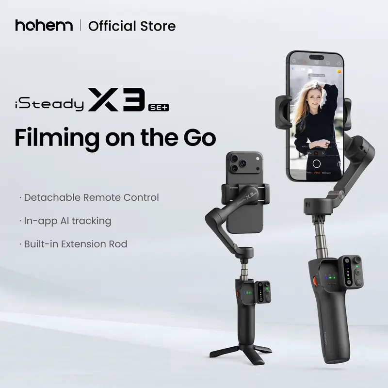 hohem iSteady X3 SE Plus New Gimbal for iPhone, AI Facial Tracking,Smartphone Gimbal with Detachable Remote Control, Portable Foldable 3-Axis Phone Gimbal for Android & iPhone 17 ,Built-in Extendable Rod,Vlog Stabilizer,Cellphone&Selfie accessories