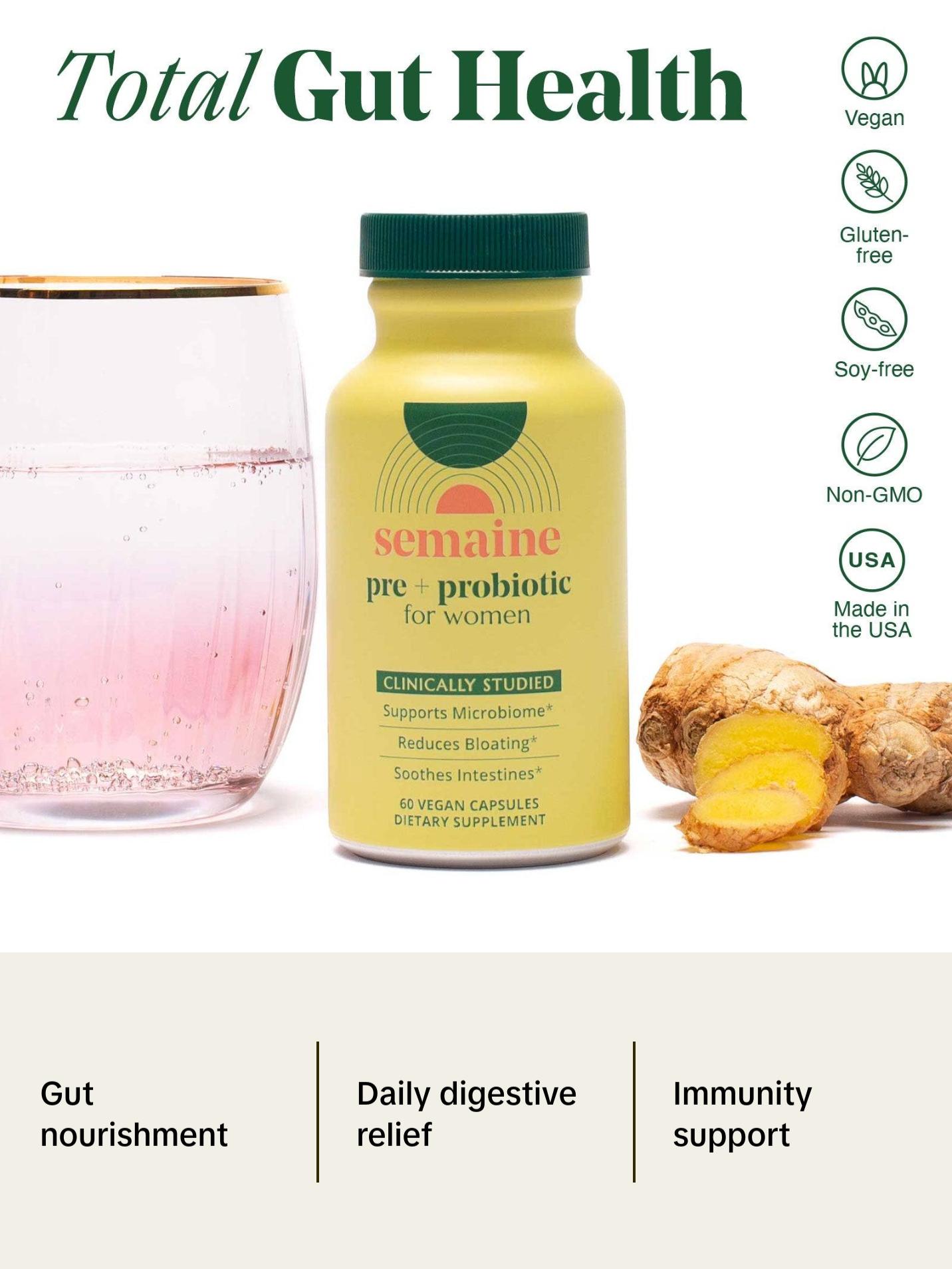 Semaine Super Powered Prebiotic + Probiotic for Women, Effective 3-in-1 Multi-Action Formula to Nourish Gut Health, Soothe IBS, Support Bloat Relief & Immunity Boost, Clinically-Studied (60 ct)