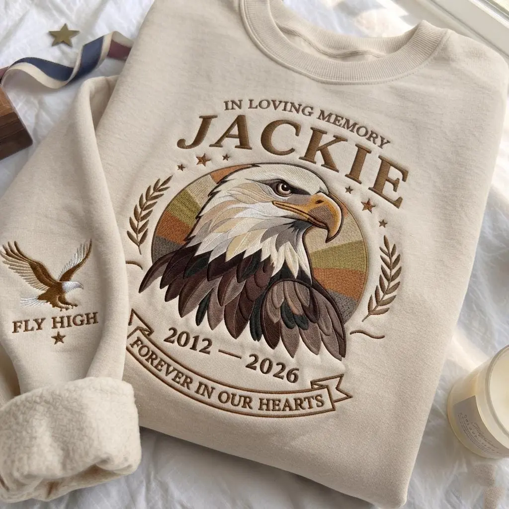 Embroidered Fly Free Jackie Sweatshirt, Jackie the Eagle Tribute, Big Bear Eagle Shirt, Bald Eagle Memorial, Wildlife Eagle Tribute Shirt