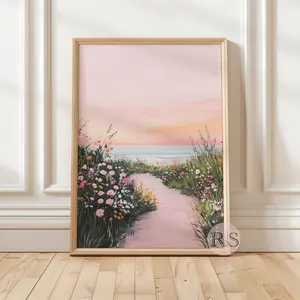 Pink Coastal Seascape Art Print: Spring Wildflower Pink Sky Beach Landscape Painting