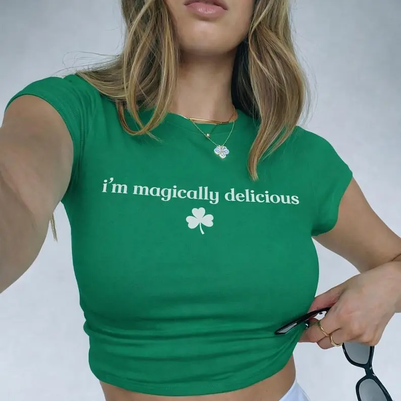 Magically Delicious Baby Tee, Funny St Patrick's Day Crop Top, Retro St Patrick's Day Shirt, St Pattys Day Womens Top, Lucky Charm Baby Tee