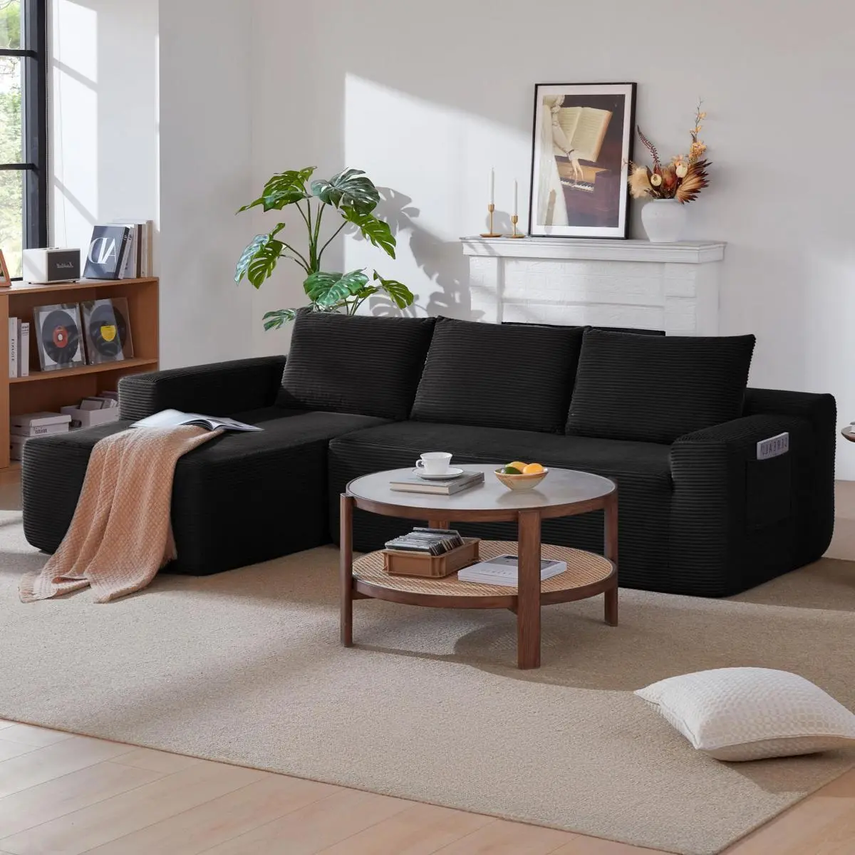 [Bellemave]96.9" Cloud Sectional Couch with L-Shape Chaise,Modern Modular Sofa with Deep Seat, Upholstered Couches for Living Room Bedroom,No Assembly Required, (Corduroy Fabric),Black