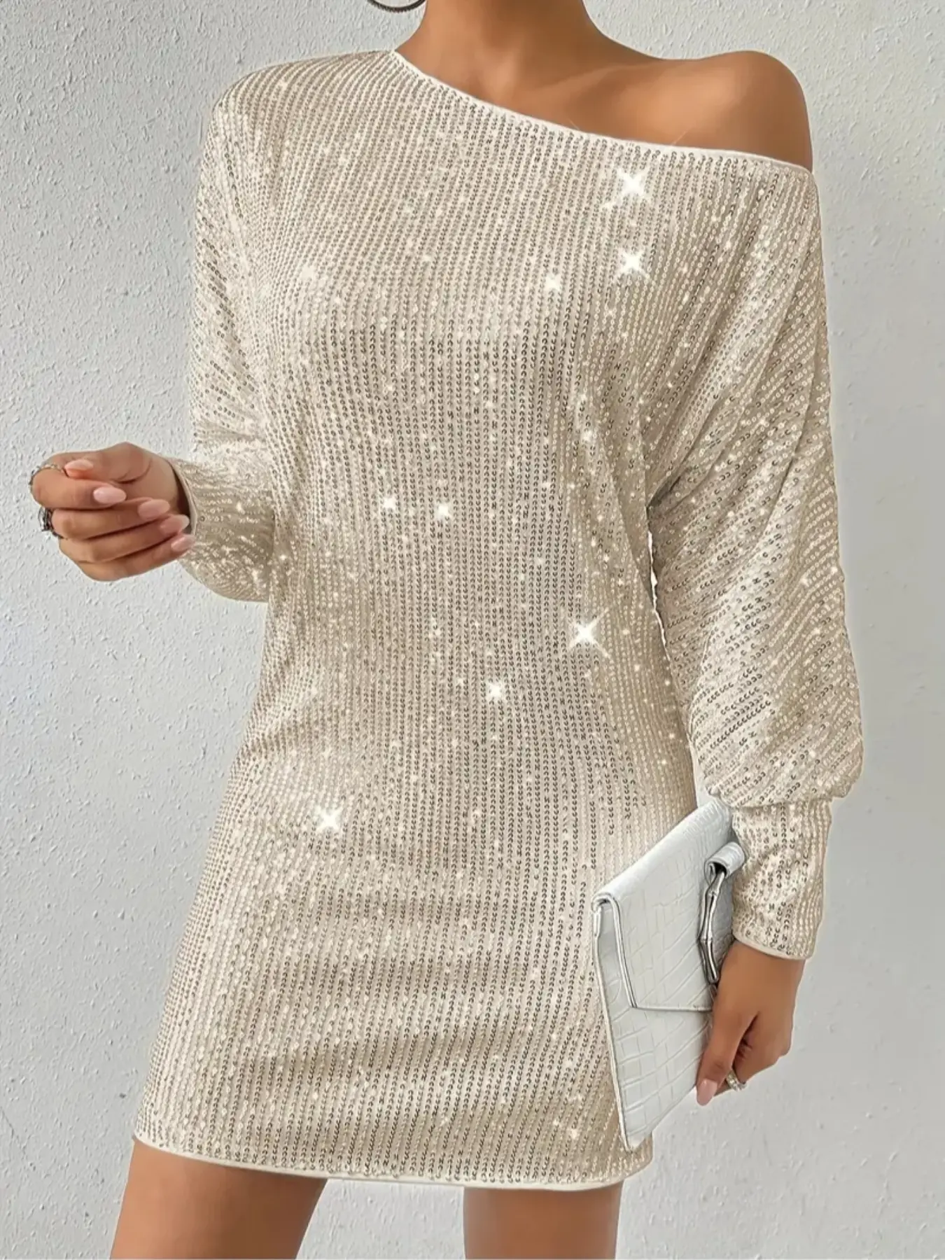 Women's Round Neck Sequin Loose Dress, Sexy Big Round Neck Shoulderless, Shiny Long Sleeve, Formal Party Club Cocktail Dress, Christmas Holiday New Year