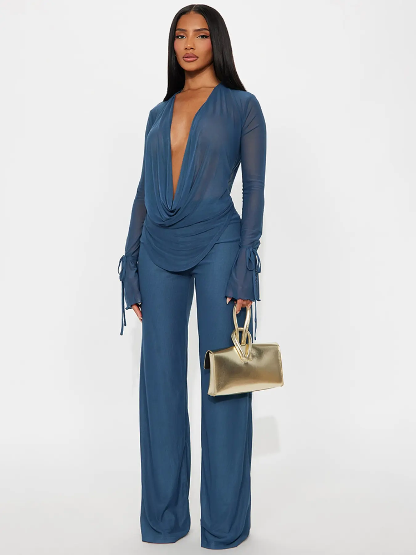 Women's Fashion Casual Fit Two-Piece Set Suits, Deep V Mesh Top & Wide Leg Pants, Trendy Long Sleeve Tie Design, Perfect for Daily Wear Clothes
