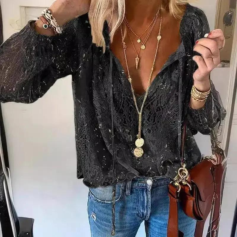 2026 blouse Women's Blouses Spring Summer Fashion Boho Lace Hollow Out Deep V Neck Pullover Shirt Women Elegant Casual Blouse Female Tops White Formal women's summer outfits Fabric Soft Womenswear Chic