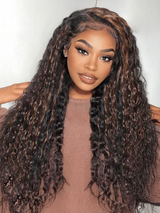 Unice  Water Wave Wig Black with Golden Brown Highlights Bye Bye Knots Pre-cut 7x5 HD Lace Closure Human Hair Wigs Natural Scalp Ready to Wear Beginners Friendly SpringStatements